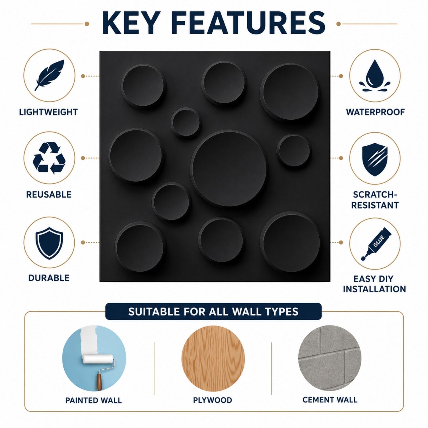 Matt Black Moon Design 3D Wall Panel-2