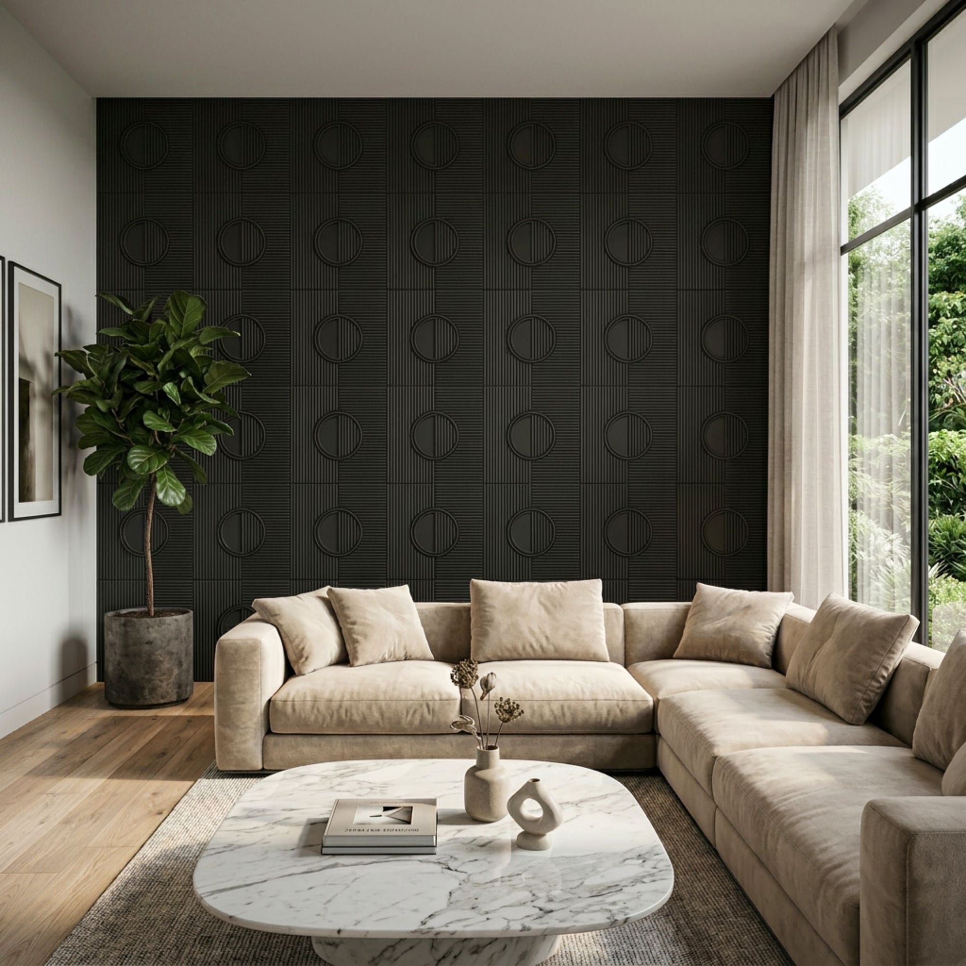 Matt Black Self Adhesive PVC wall Panels Fluted Circle Design
