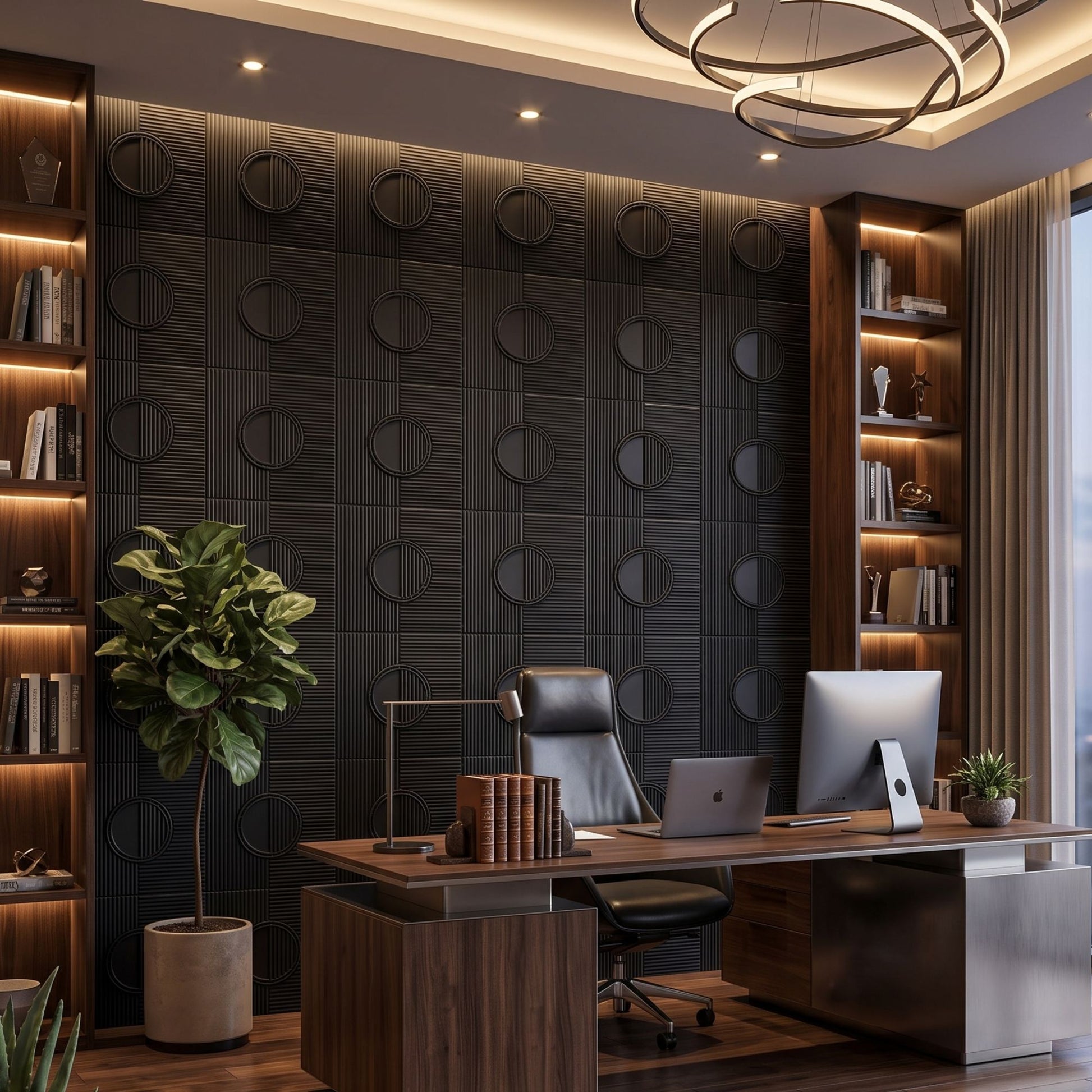 Matt Black Self Adhesive PVC wall Panels Fluted Circle Design
