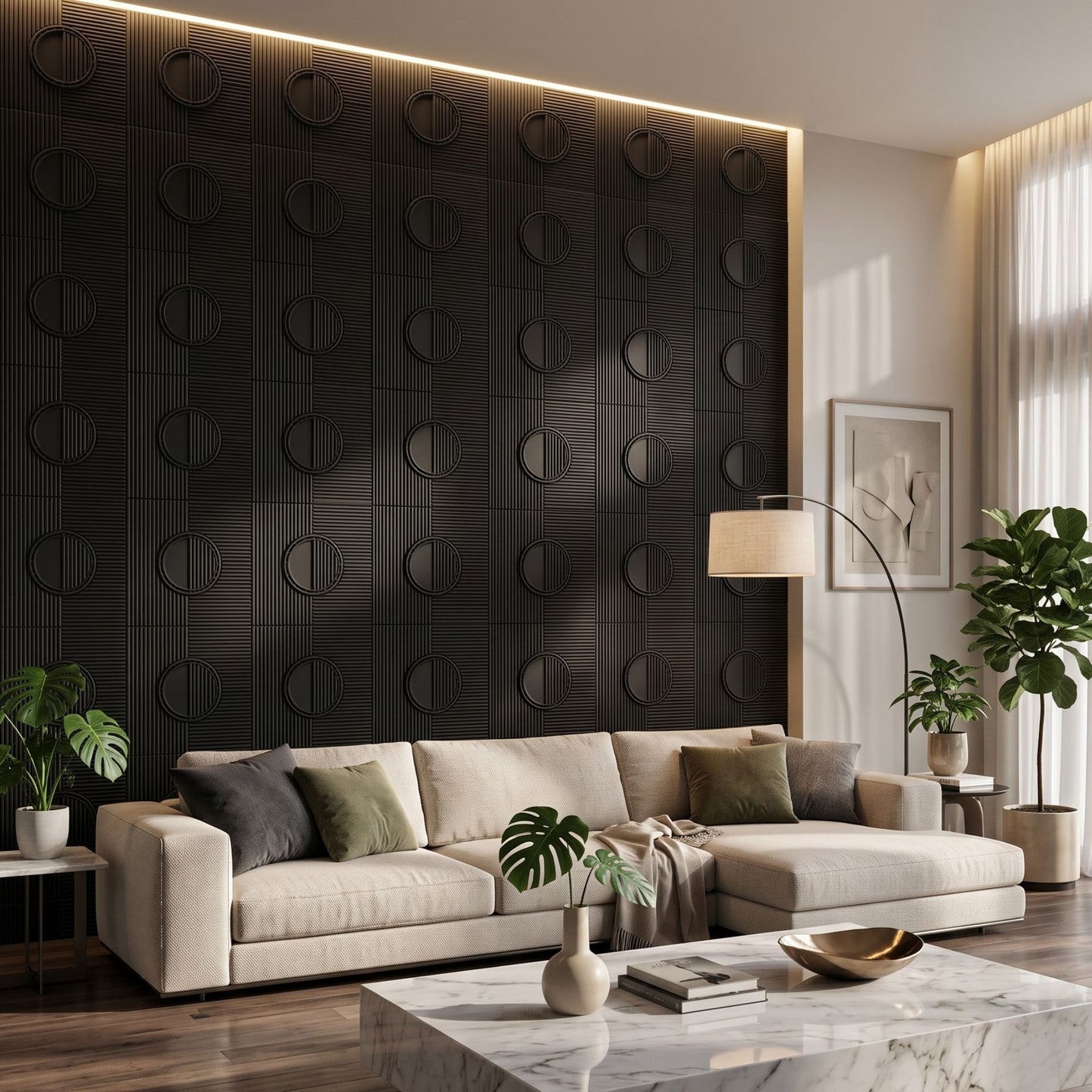 Matt Black Self Adhesive PVC wall Panels Fluted Circle Design
