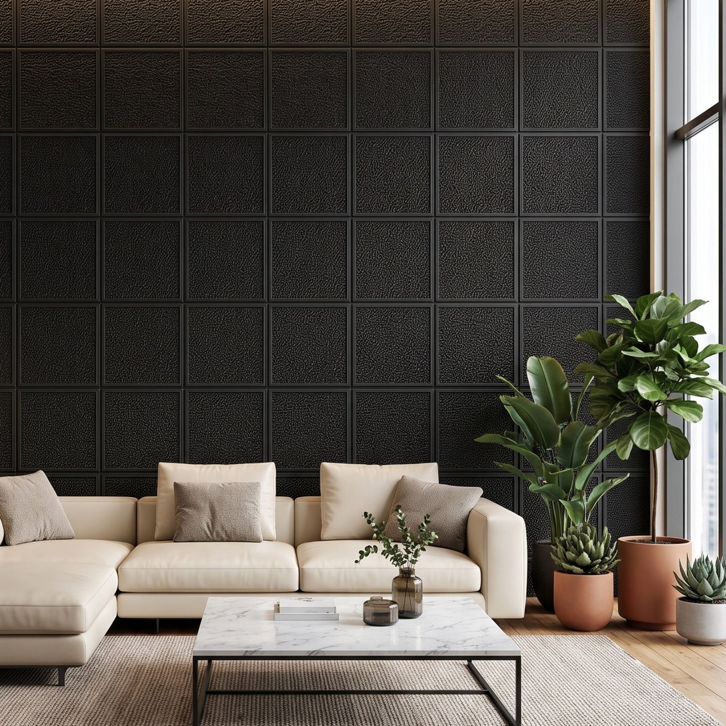 Matt Black Self Adhesive PVC wall Panels Textured Design
