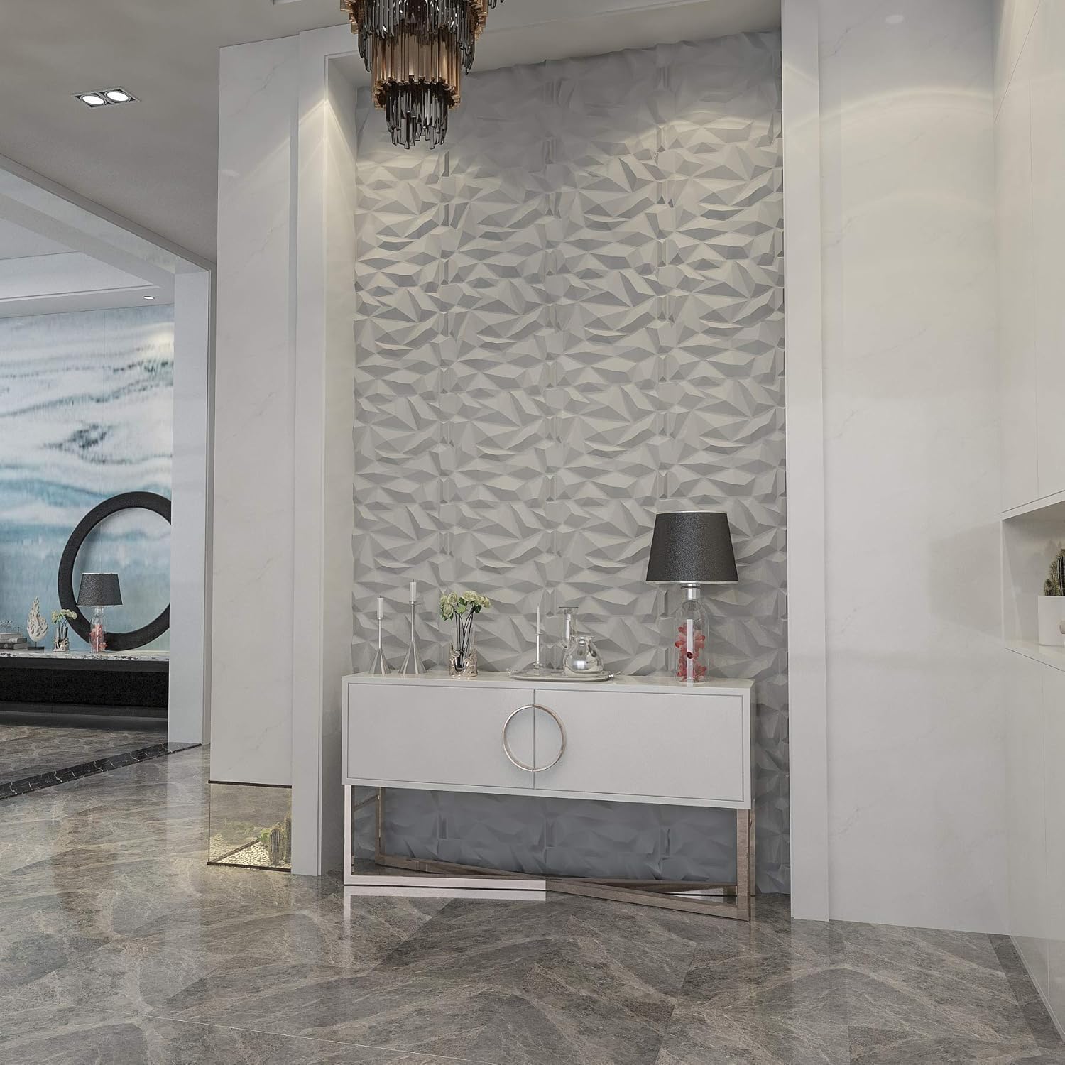 Matt White Diamond Design 3D Wall Panel View-2