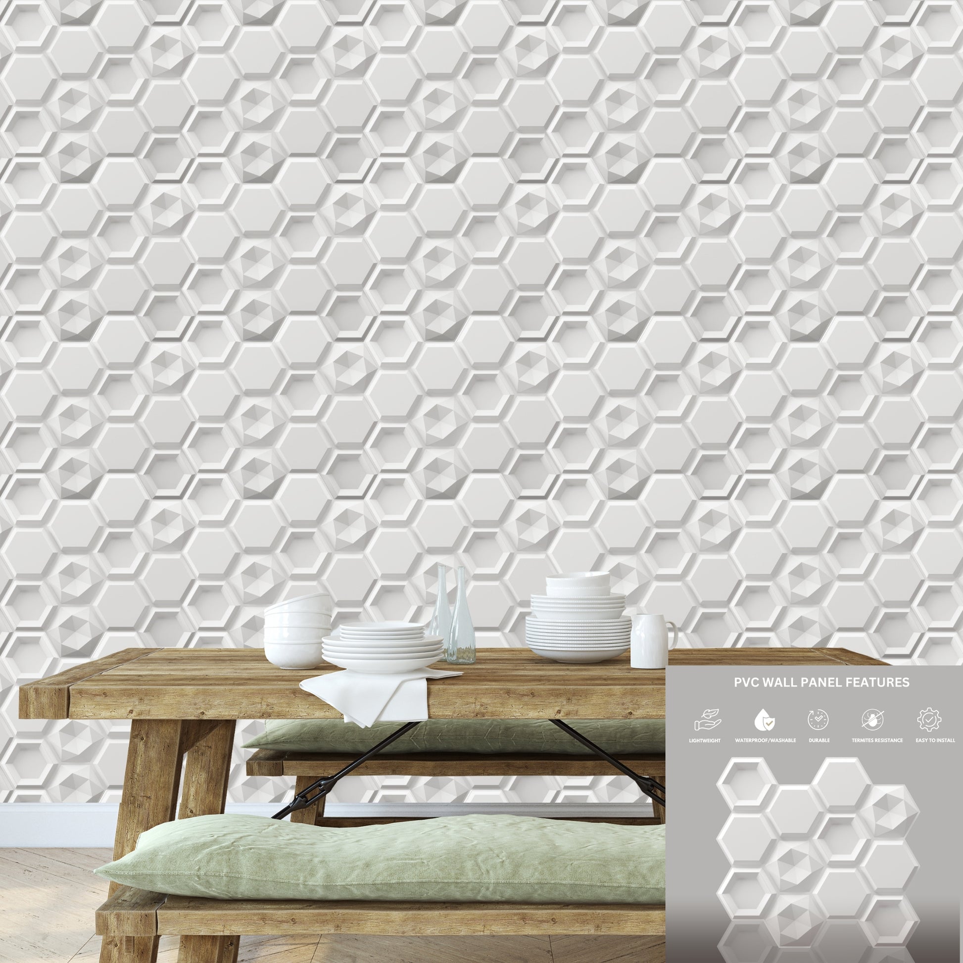 Matt White 3D Wall Panels Hexagon Design-5001