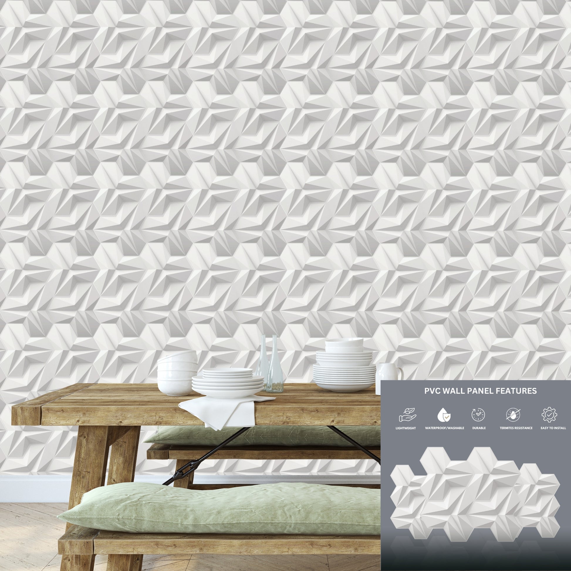 Matt White 3D Wall Panels Hexagon Design