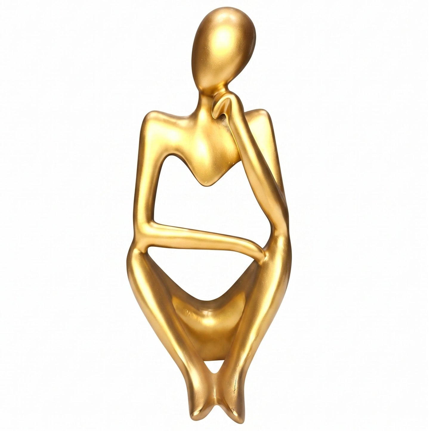 Matte gold abstract thinker figurine sitting with hand rested on chin, isolated on white background.