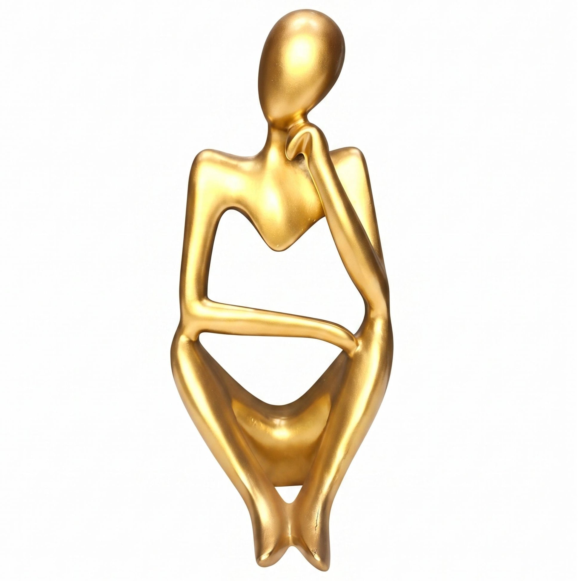 Matte gold abstract thinker figurine sitting with hand rested on chin, isolated on white background.