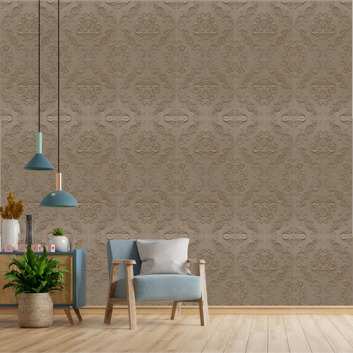 Mega Greige Self Adhesive Panels Damask Design
