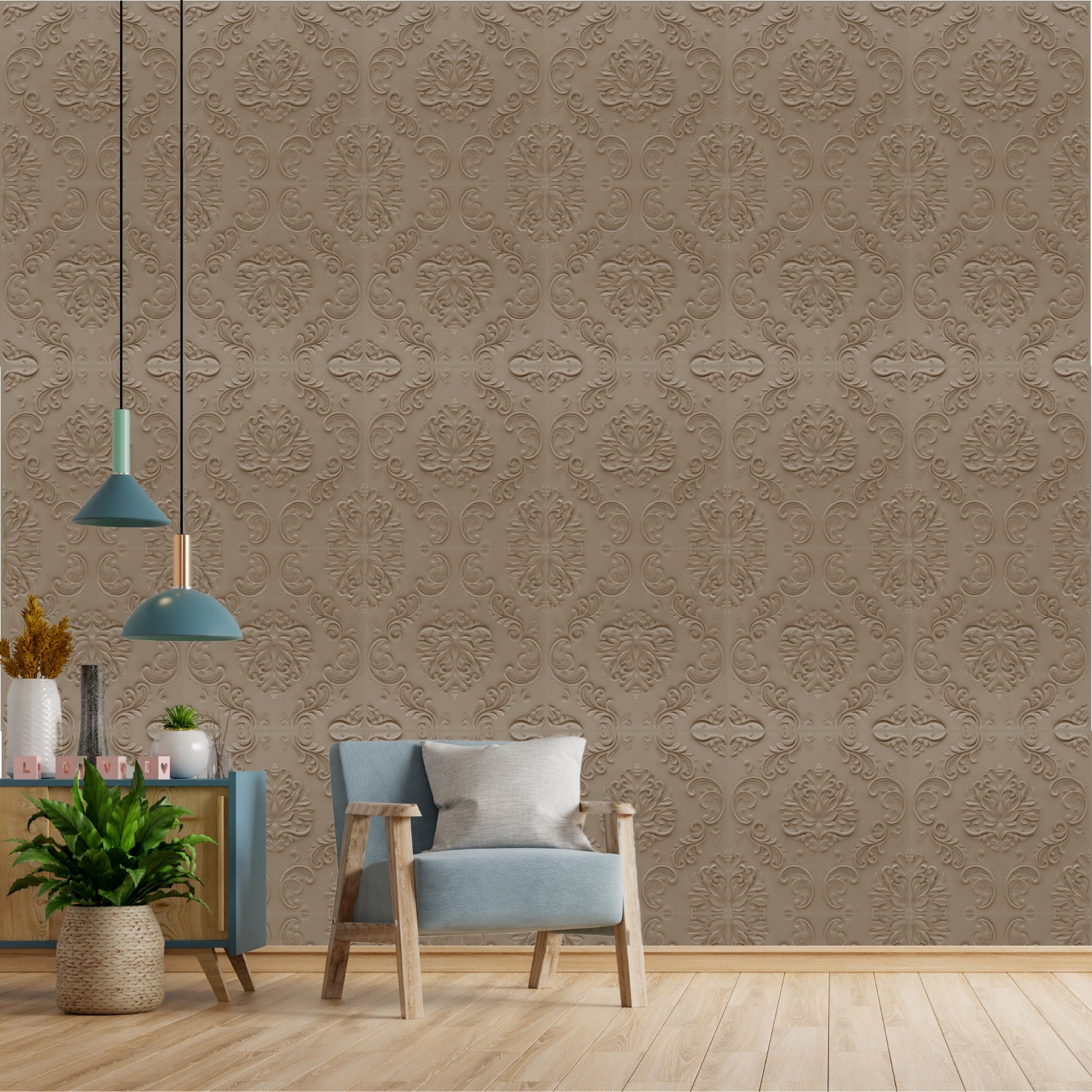 Mega Greige Self Adhesive Panels Damask Design
