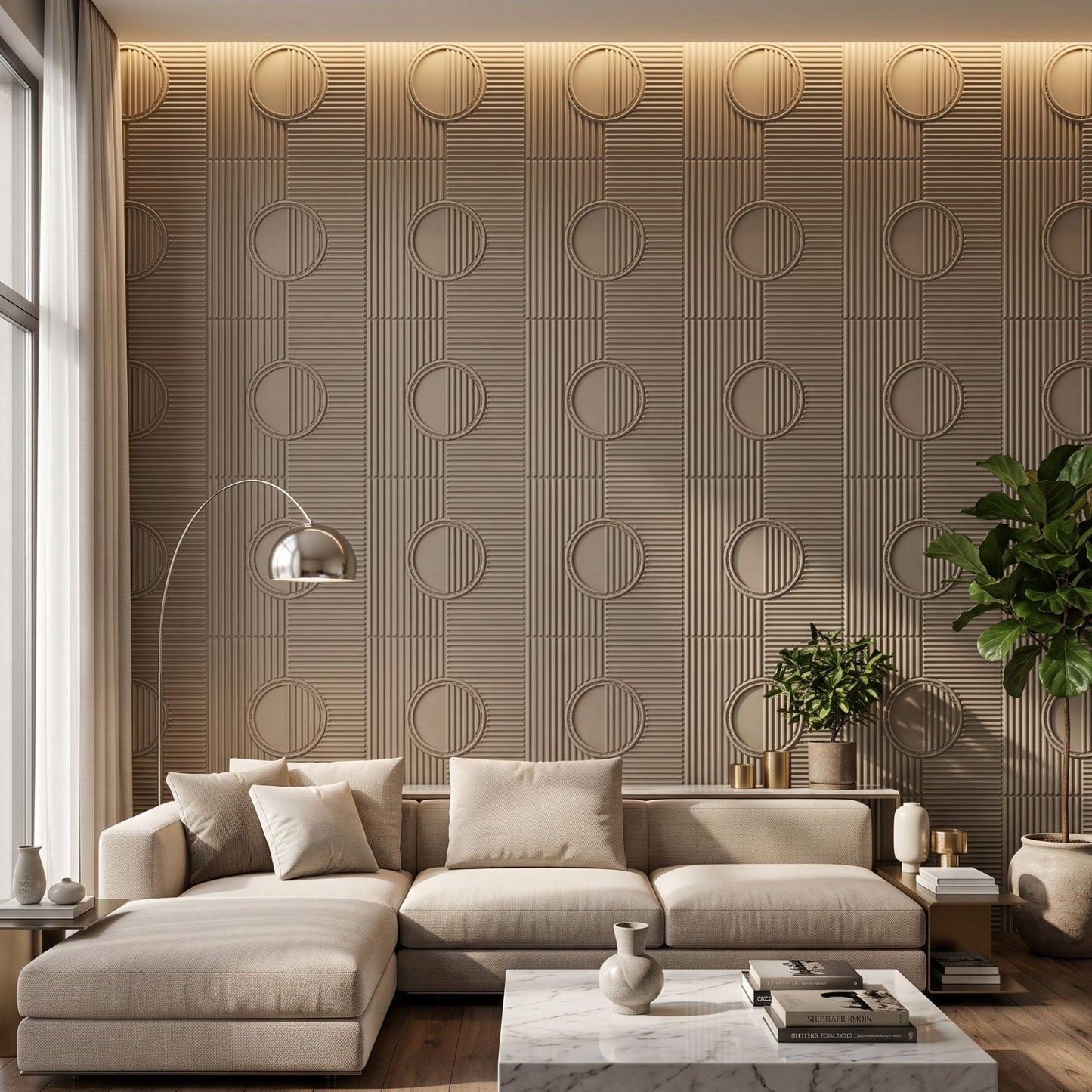Mega Greige Self Adhesive PVC wall Panels Fluted Circle Design
