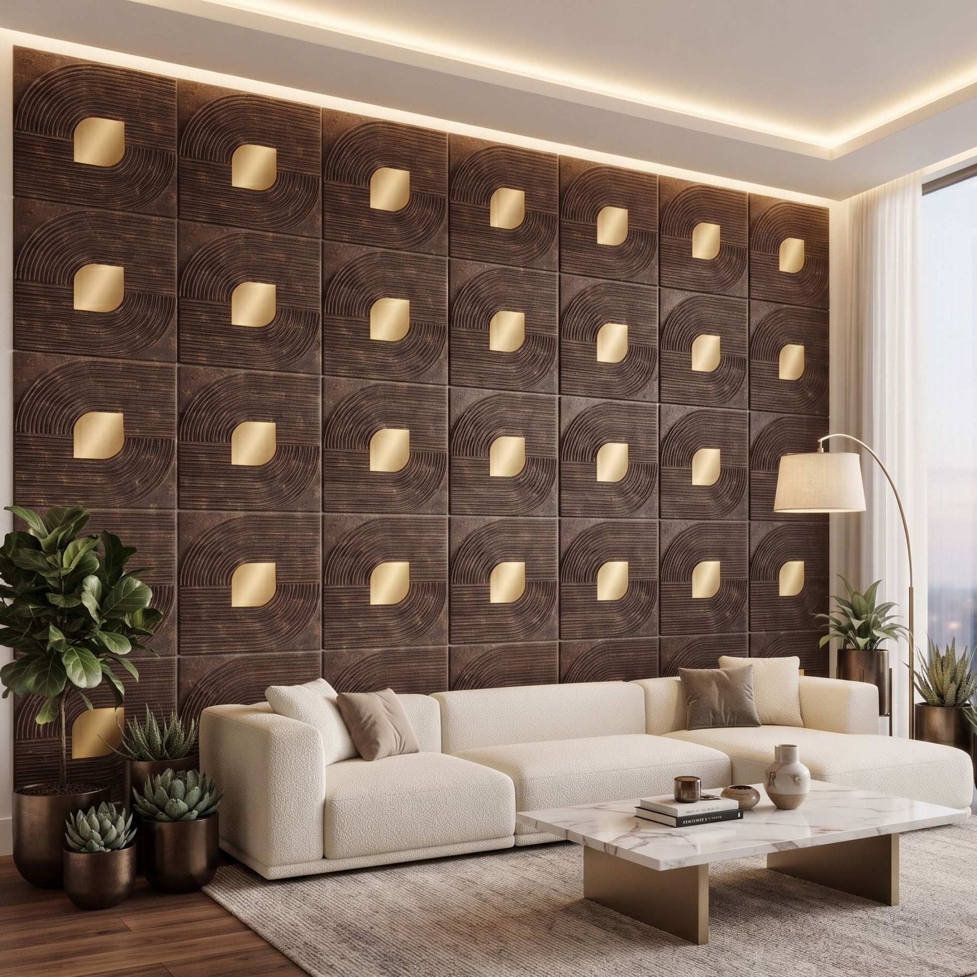 Meganum Brown - Copper Self Adhesive PVC wall Panels Curve Line Design
