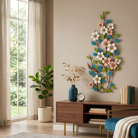 Metal Wall Art - Size 130X55 cm| Blue Leaf