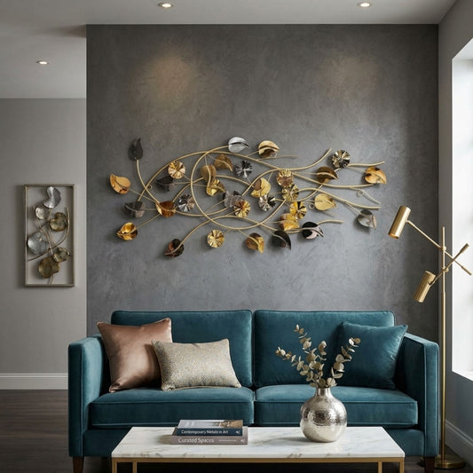 Metal Wall Art - Size 130X55 cm| Silver Heart Leaf