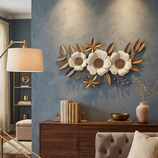 Metal Wall Art - Size 133X6X73 cm| White 5Leaf Flower