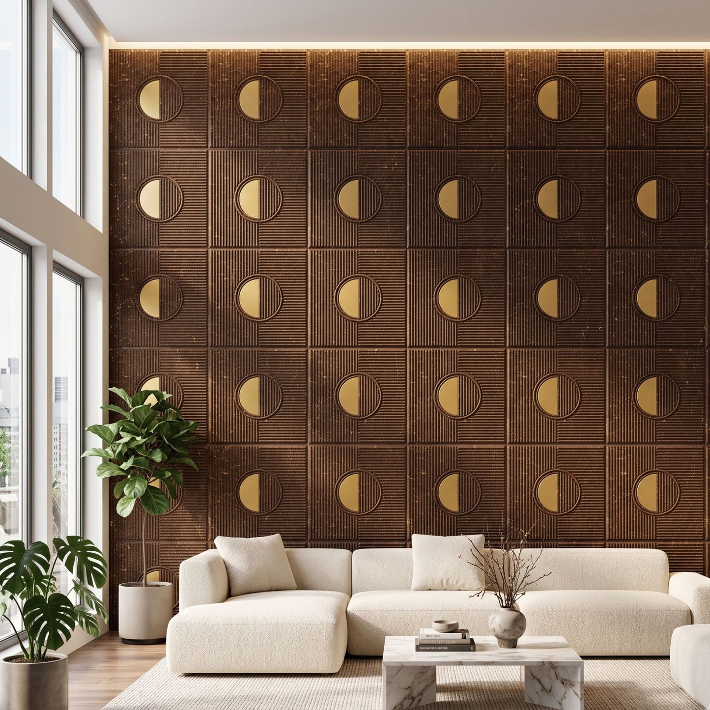 Metallic Bronze - Gold Self Adhesive PVC wall Panels Fluted Circle Design
