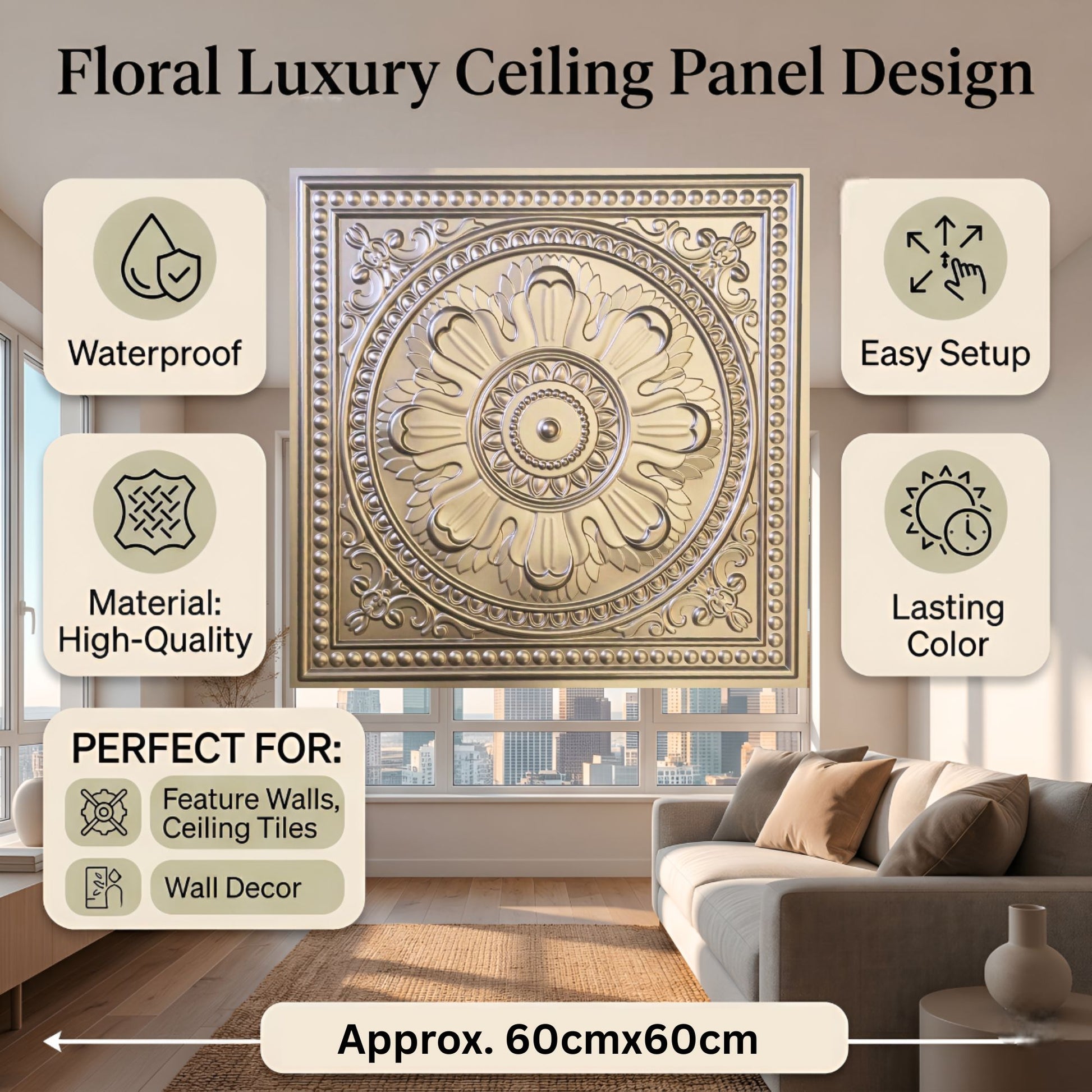 Metallic Coffee Regal Ornate Design 3D PVC Ceiling Panel Features View