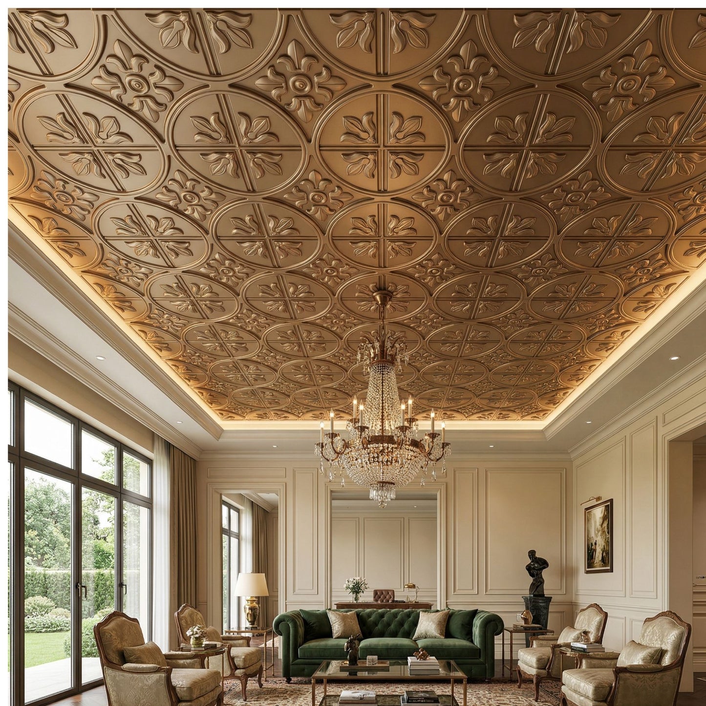Metallic Coffee Ornamental Floral Design 3D PVC Ceiling Panel Living Room view