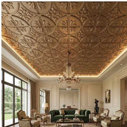 Metallic Coffee Ornamental Floral Design 3D PVC Ceiling Panel Living Room view