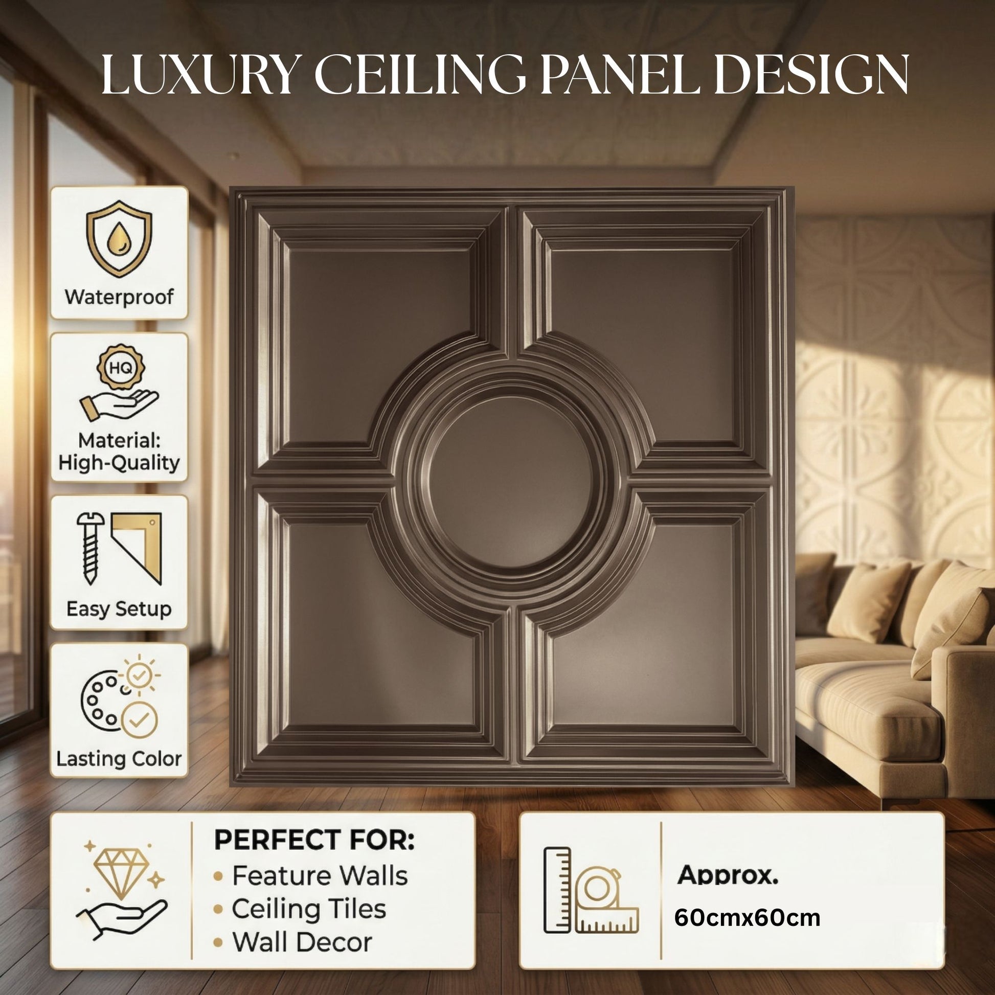 Metallic Coffee Regal Medallion Design 3D PVC Ceiling Panel  Features View