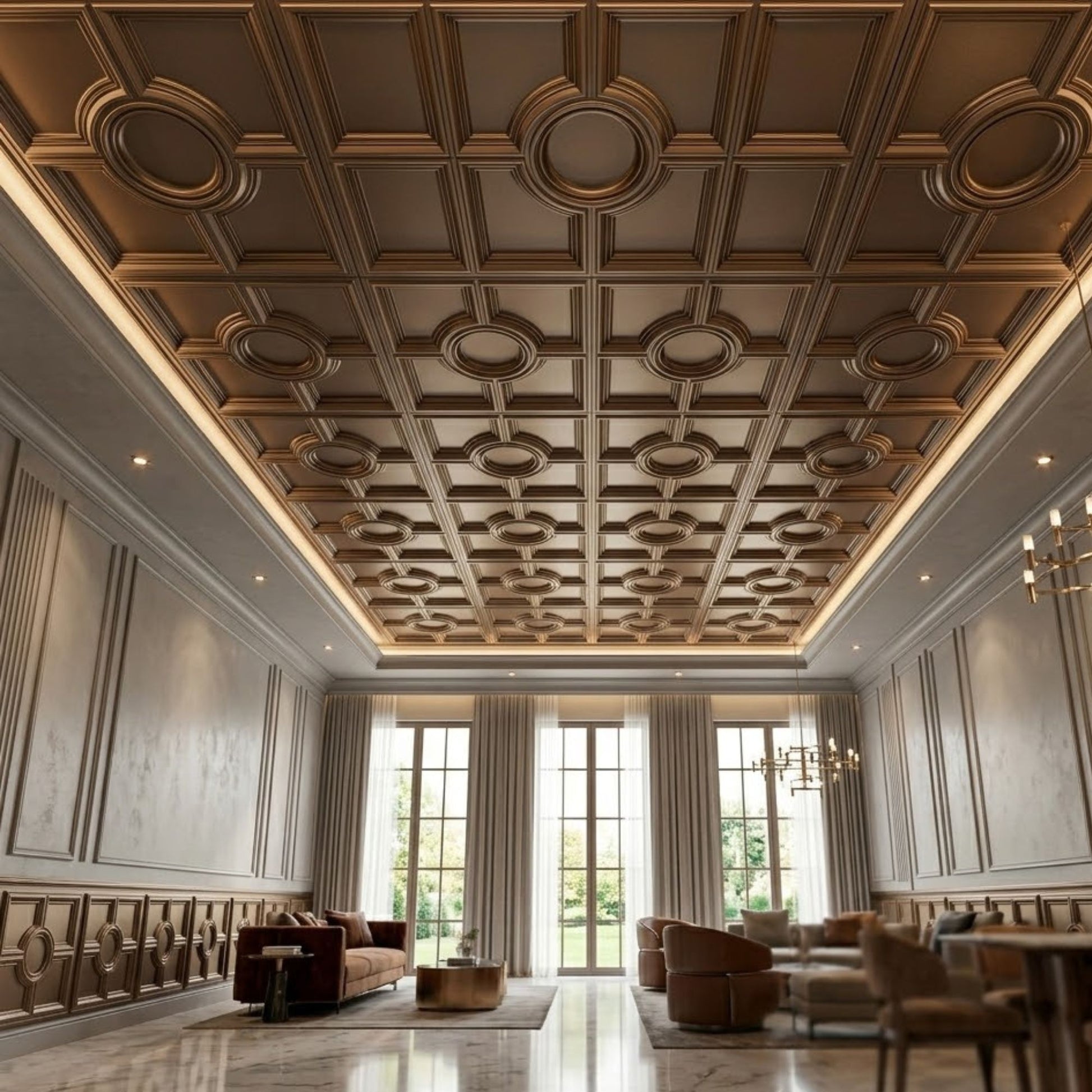 Metallic Coffee Regal Medallion Design 3D PVC Ceiling Panel Living Room View