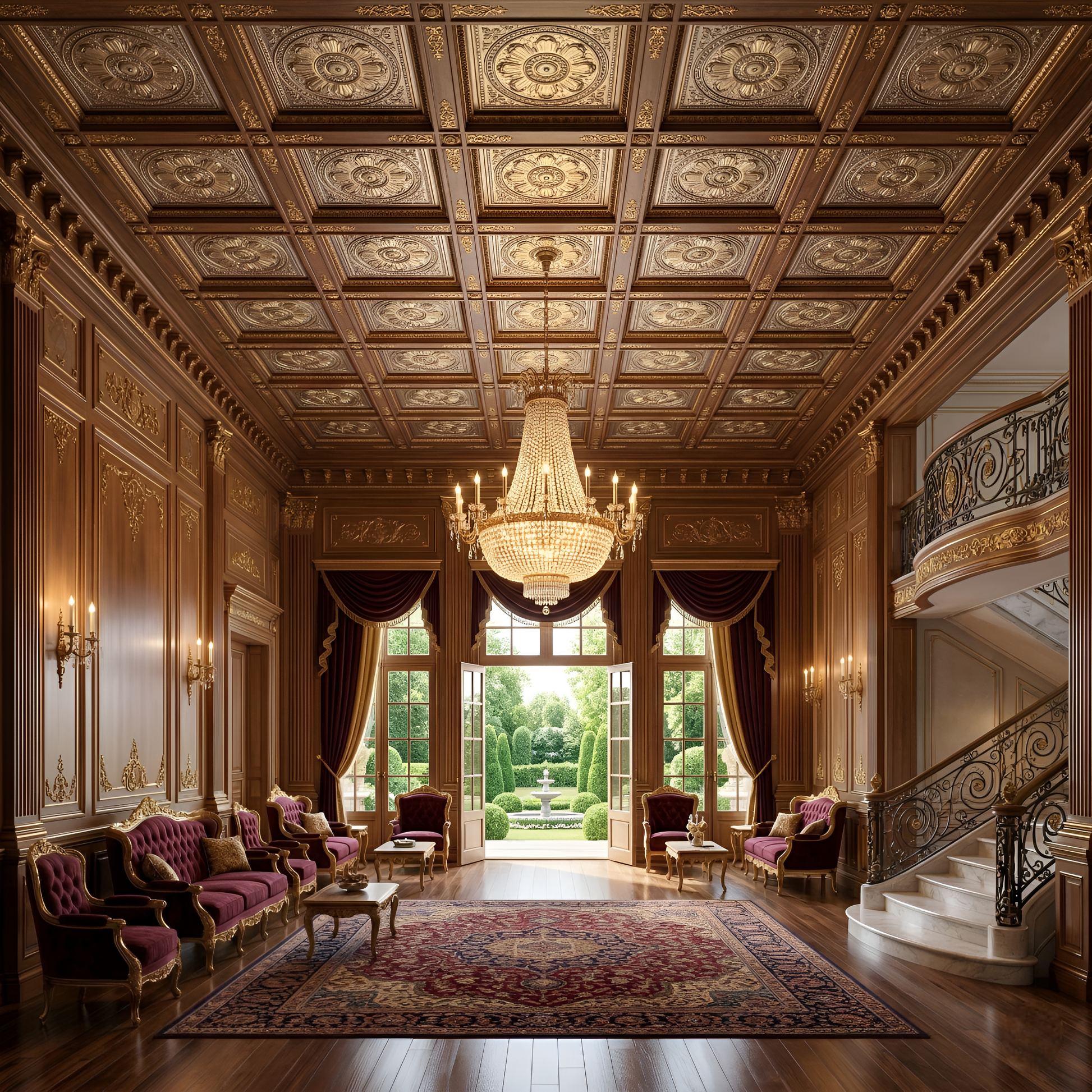 Metallic Coffee Regal Ornate Design 3D PVC Ceiling Panel Living Room View