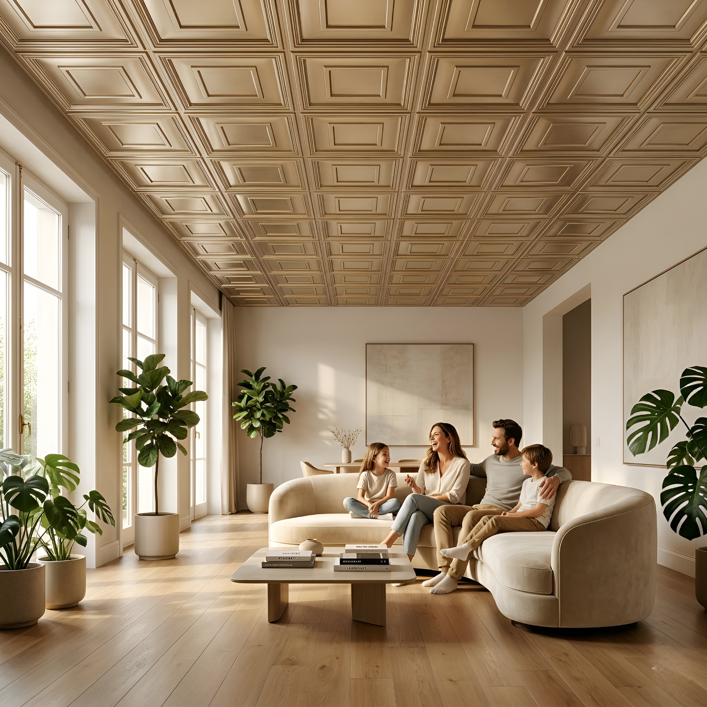 Metallic Coffee Square Design 3D PVC Ceiling Panel Living Room View