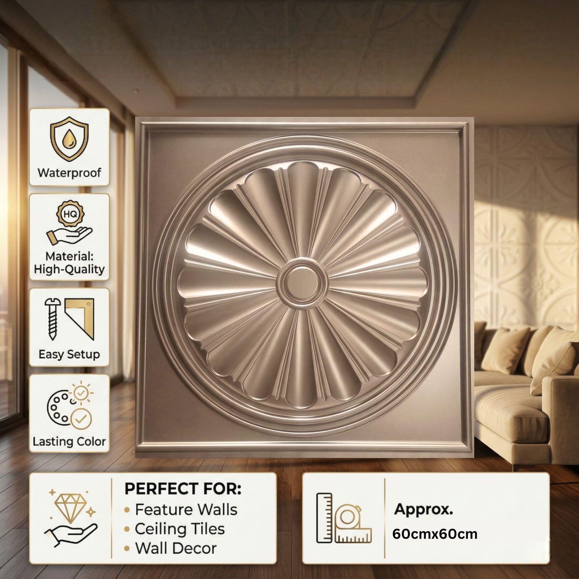 Metallic Coffee Sunburst Design 3D PVC Ceiling Panel Features View