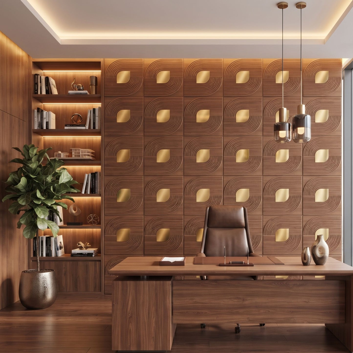 Metallic Wood - Copper Self Adhesive PVC wall Panels Curve Line Design
