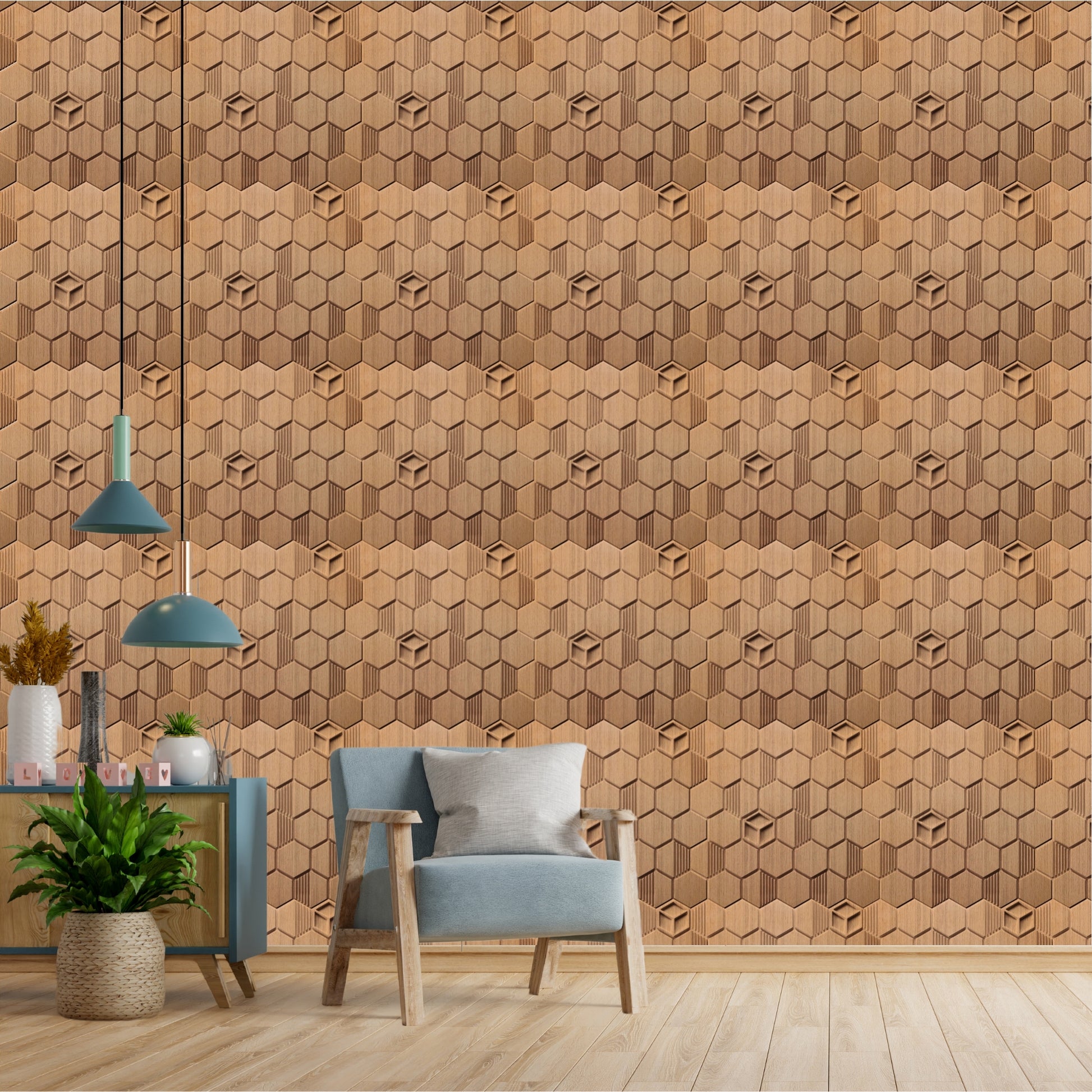 Metallic Wood Self Adhesive Panels Hexagon Design

