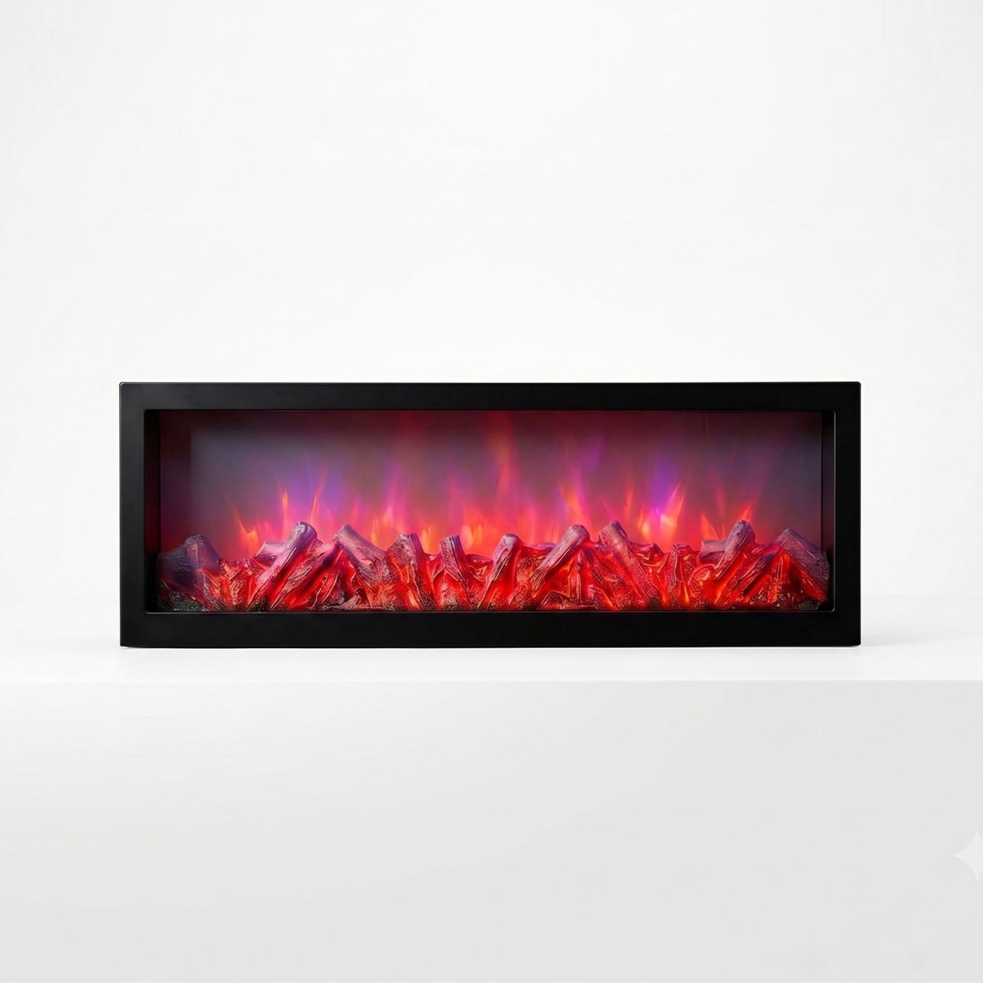 Minimalist rectangular black frame LED fireplace lamp featuring vibrant purple and red glowing flames with realistic burning embers on a white surface.