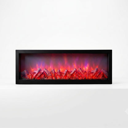 Minimalist rectangular black frame LED fireplace lamp featuring vibrant purple and red glowing flames with realistic burning embers on a white surface.