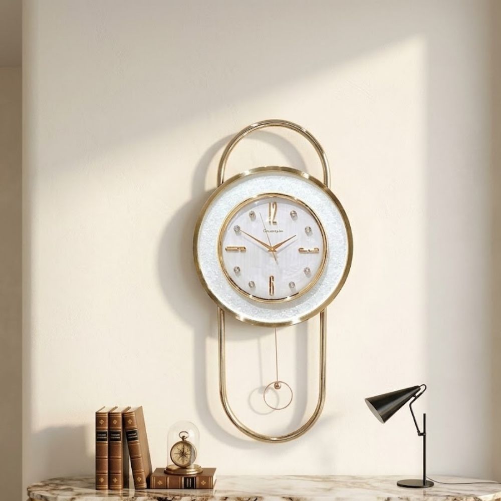 Modern Luxury Teal White Wall Clock with Gold Oval Halo Frame & Hanging Ring Pendulum for Living Room Decor
