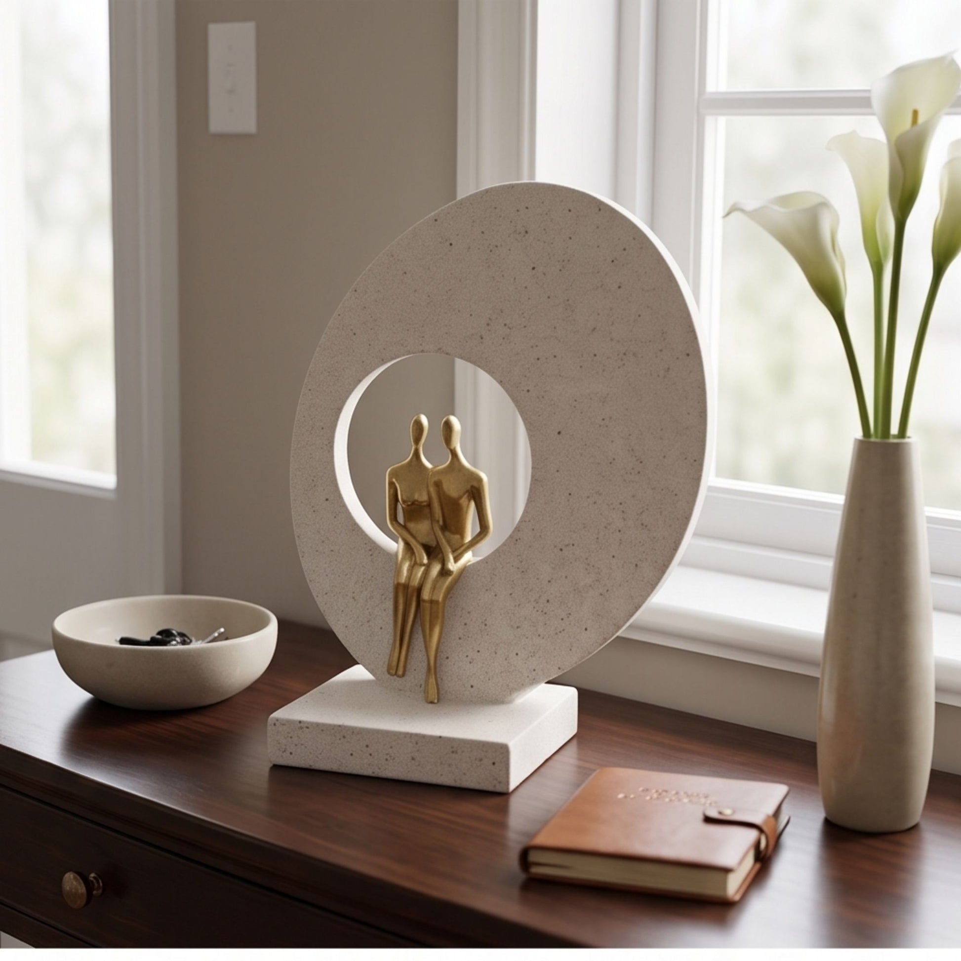 Modern abstract golden couple figurine standing in front of a large circular arch on a textured white base decorative showpiece-1