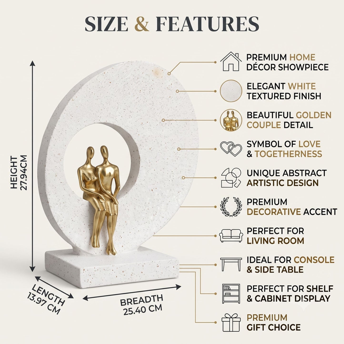 Modern abstract golden couple figurine standing in front of a large circular arch on a textured white base decorative showpiece-2