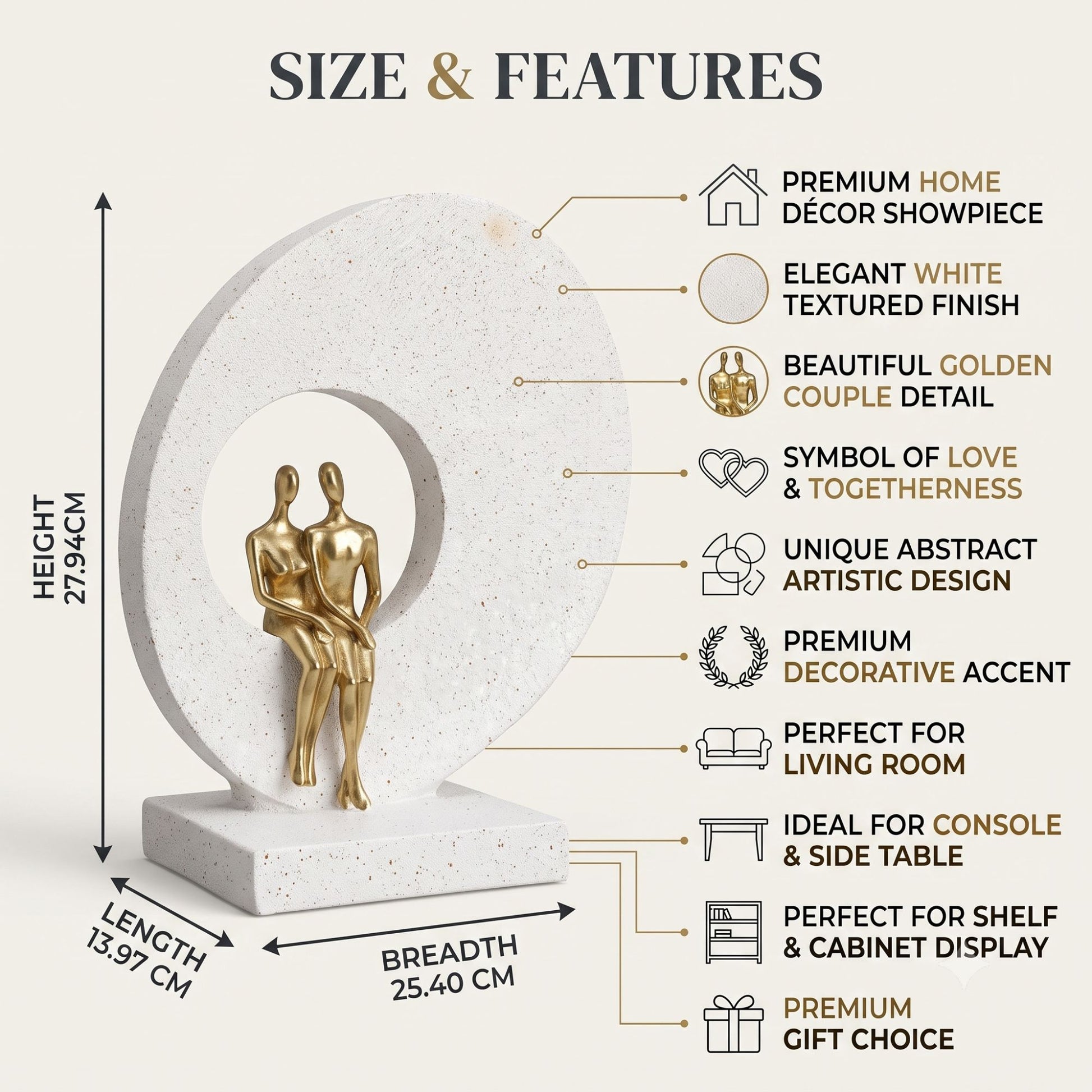 Modern abstract golden couple figurine standing in front of a large circular arch on a textured white base decorative showpiece-2