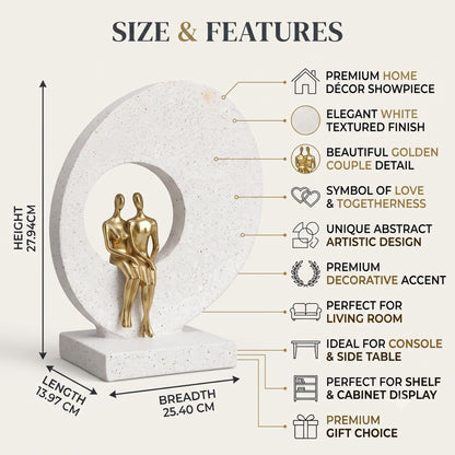 Modern abstract golden couple figurine standing in front of a large circular arch on a textured white base decorative showpiece-2