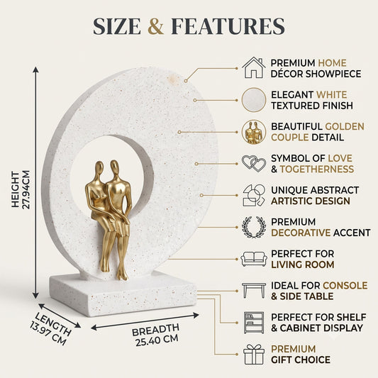 Modern abstract golden couple figurine standing in front of a large circular arch on a textured white base decorative showpiece-2