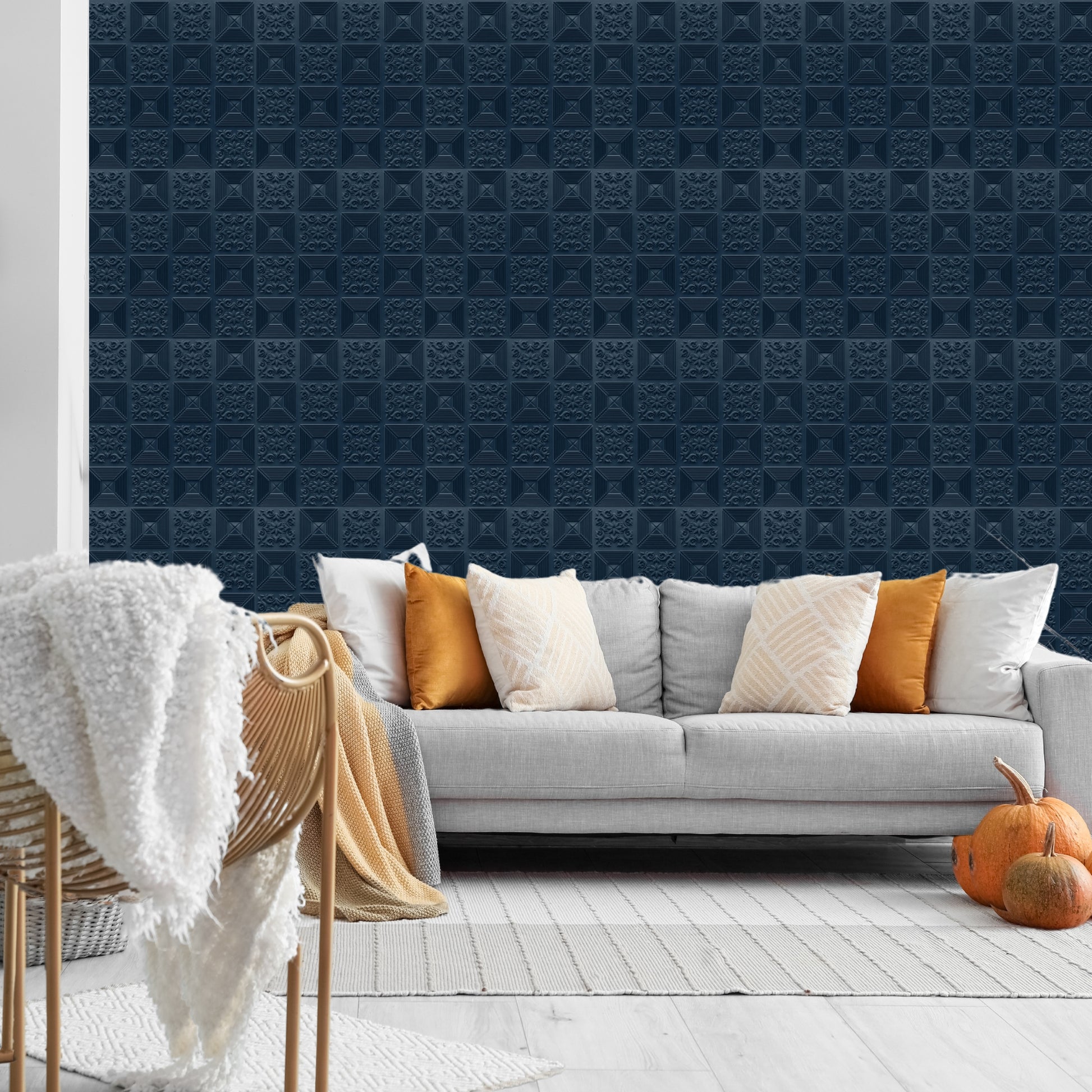 Navy Blue Self Adhesive Wall Panels Flower Design