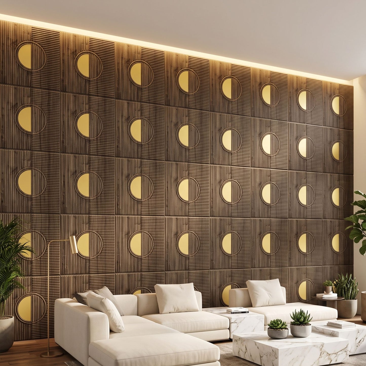 Oak Wood - Gold Self Adhesive PVC wall Panels Fluted Circle Design
