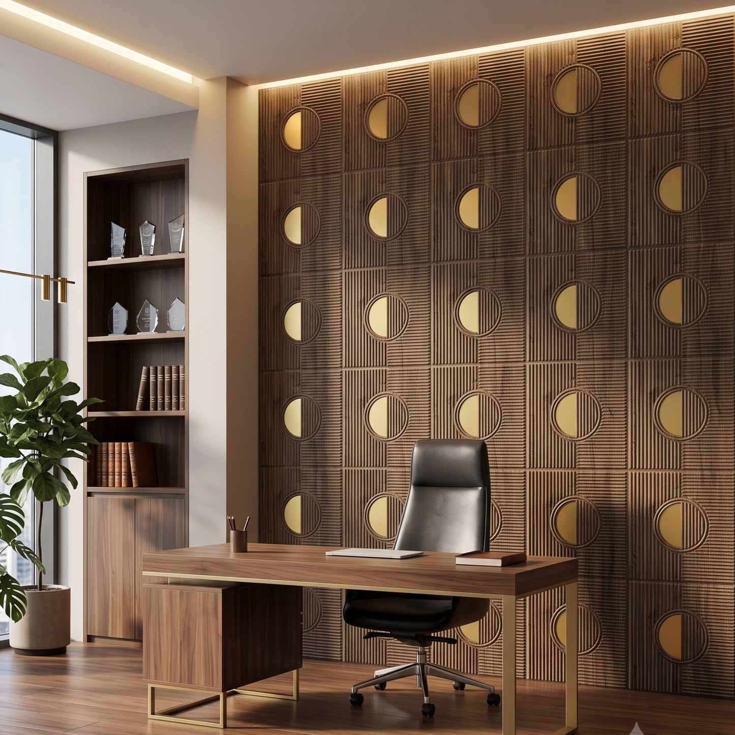 Oak Wood - Gold Self Adhesive PVC wall Panels Fluted Circle Design
