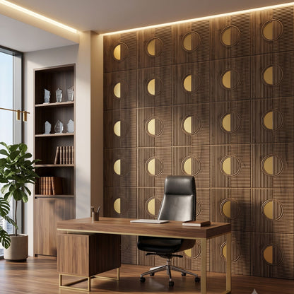 Oak Wood - Gold Self Adhesive PVC wall Panels Fluted Circle Design
