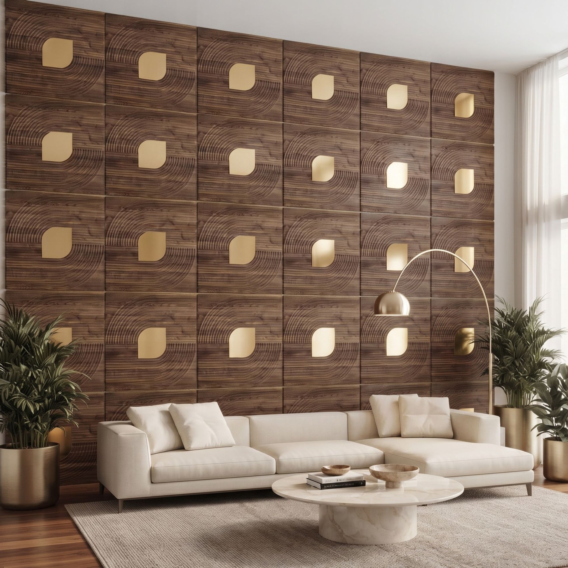 Oak Wood - Gold Self Adhesive PVC wall Panels Curve Line Design
