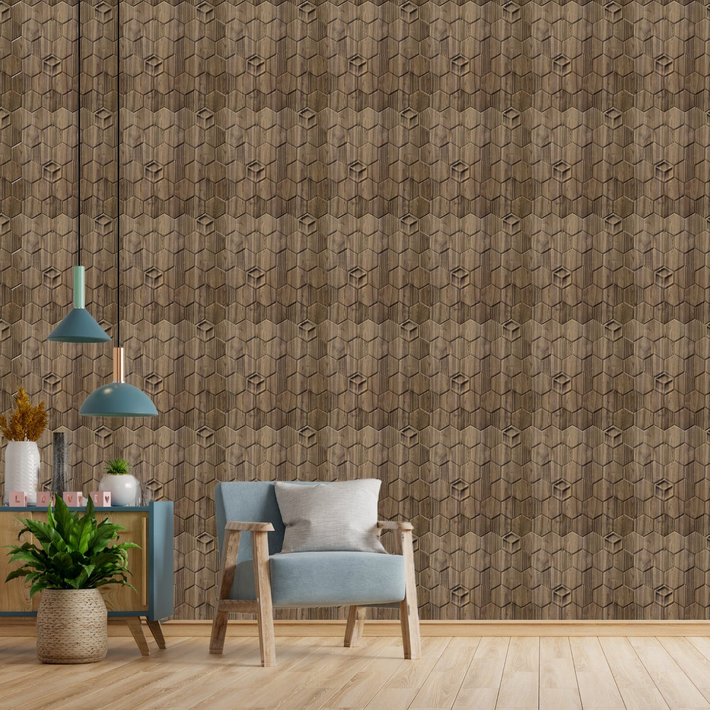 Oak Wood Self Adhesive Panels Hexagon Design
