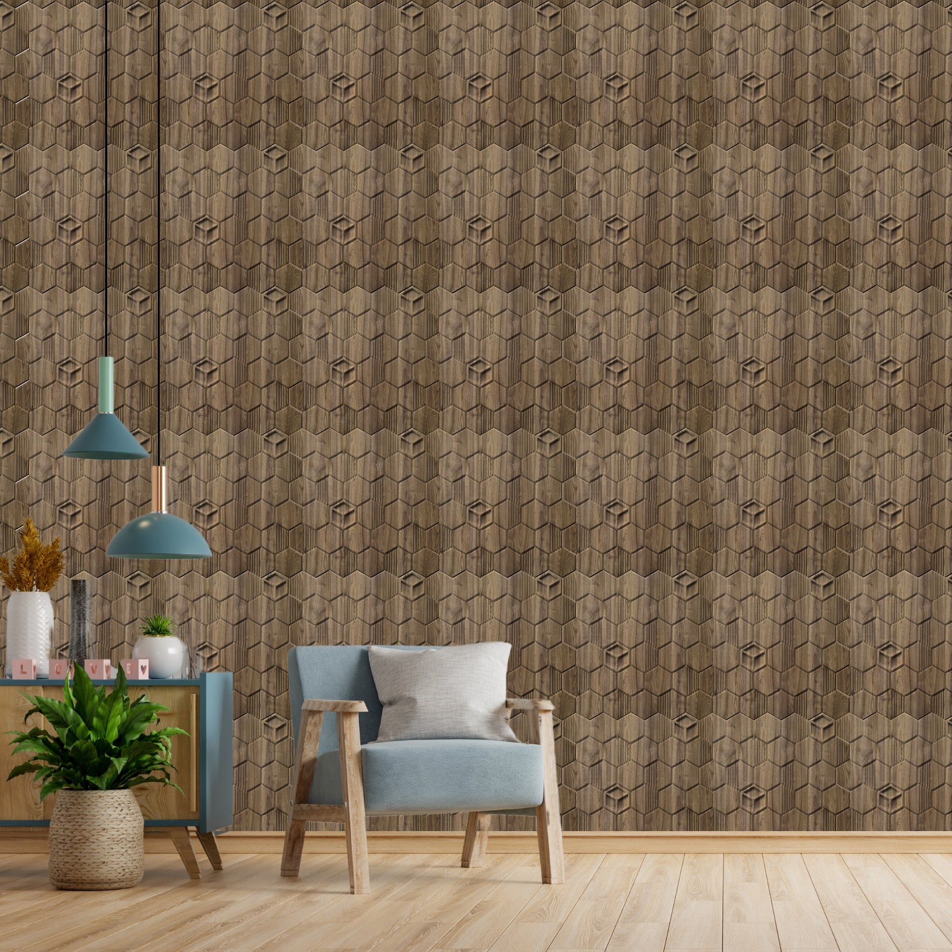 Oak Wood Self Adhesive Panels Hexagon Design
