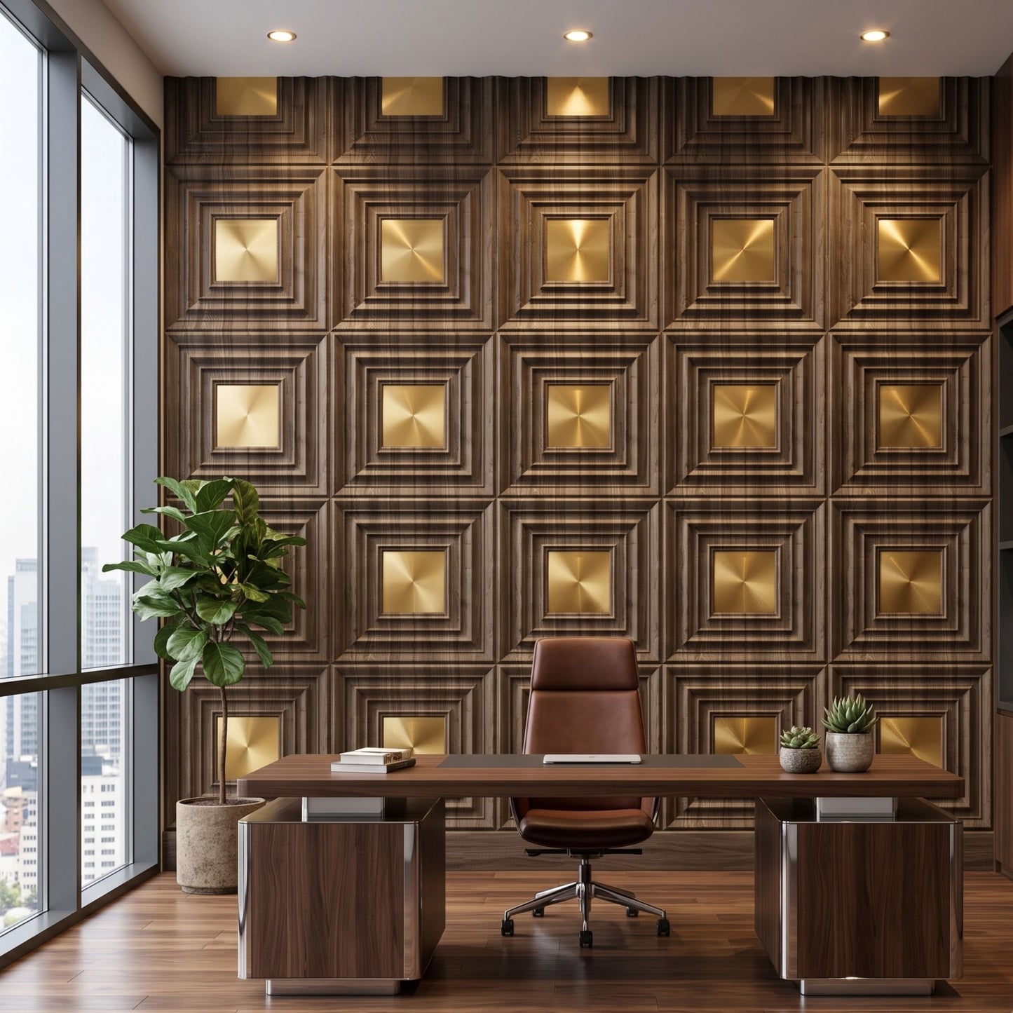 Oak Wood Gold Accent Design Acrylic 3D Wall Panel-3