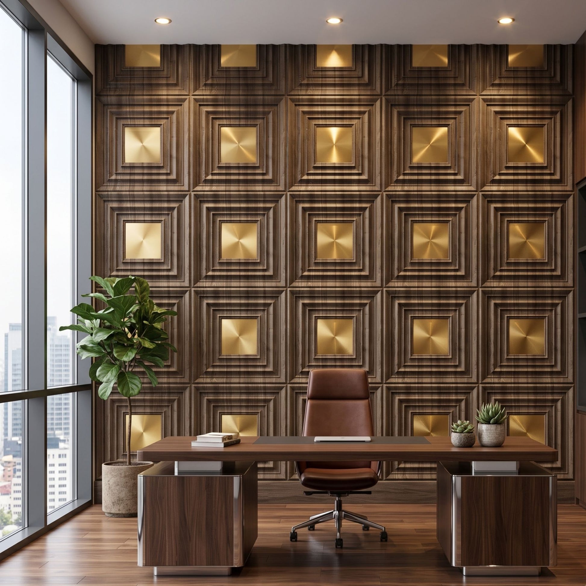 Oak Wood Gold Accent Design Acrylic 3D Wall Panel-3