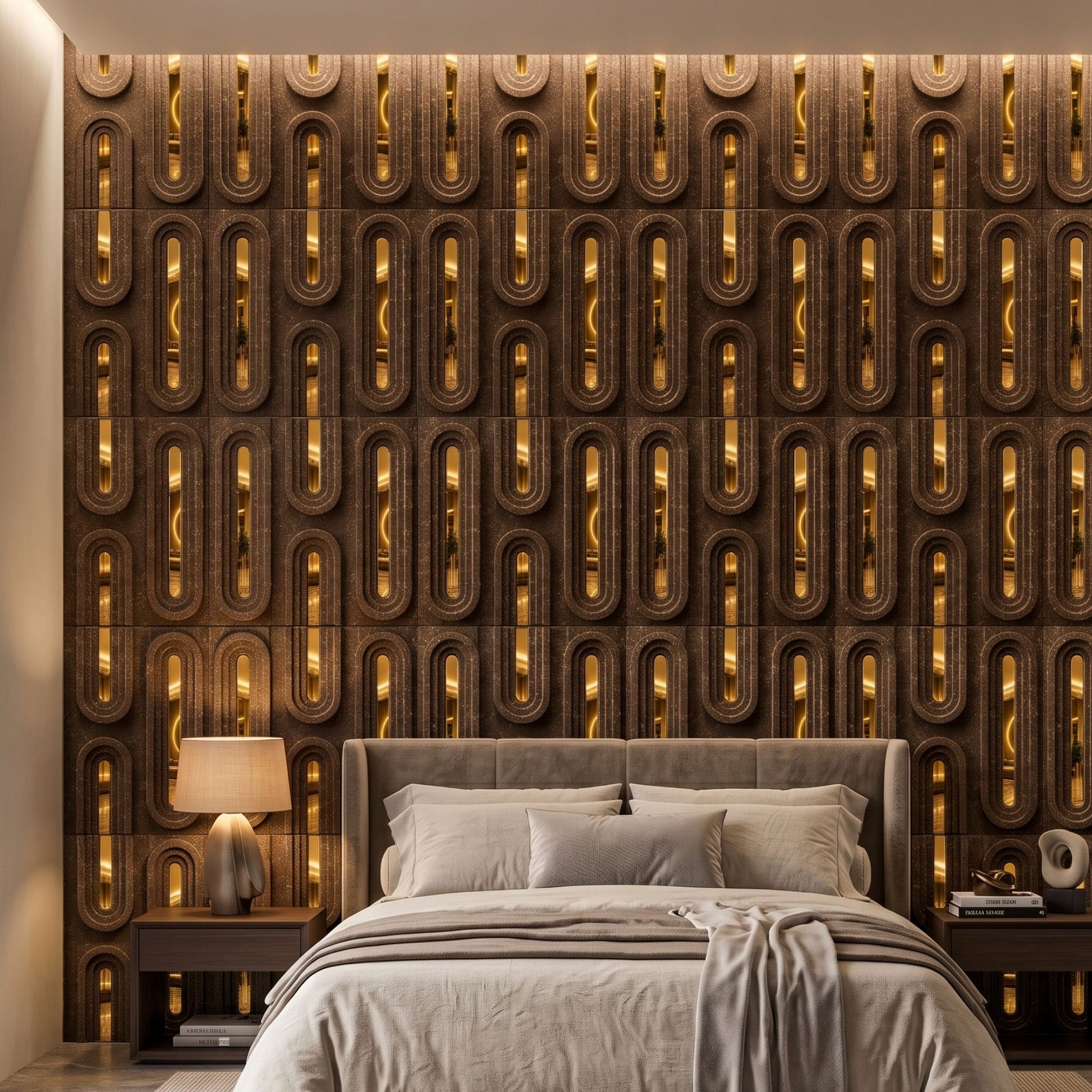 Oak Wood Gold Acrylic Loops Design 3D Wall Panel-1