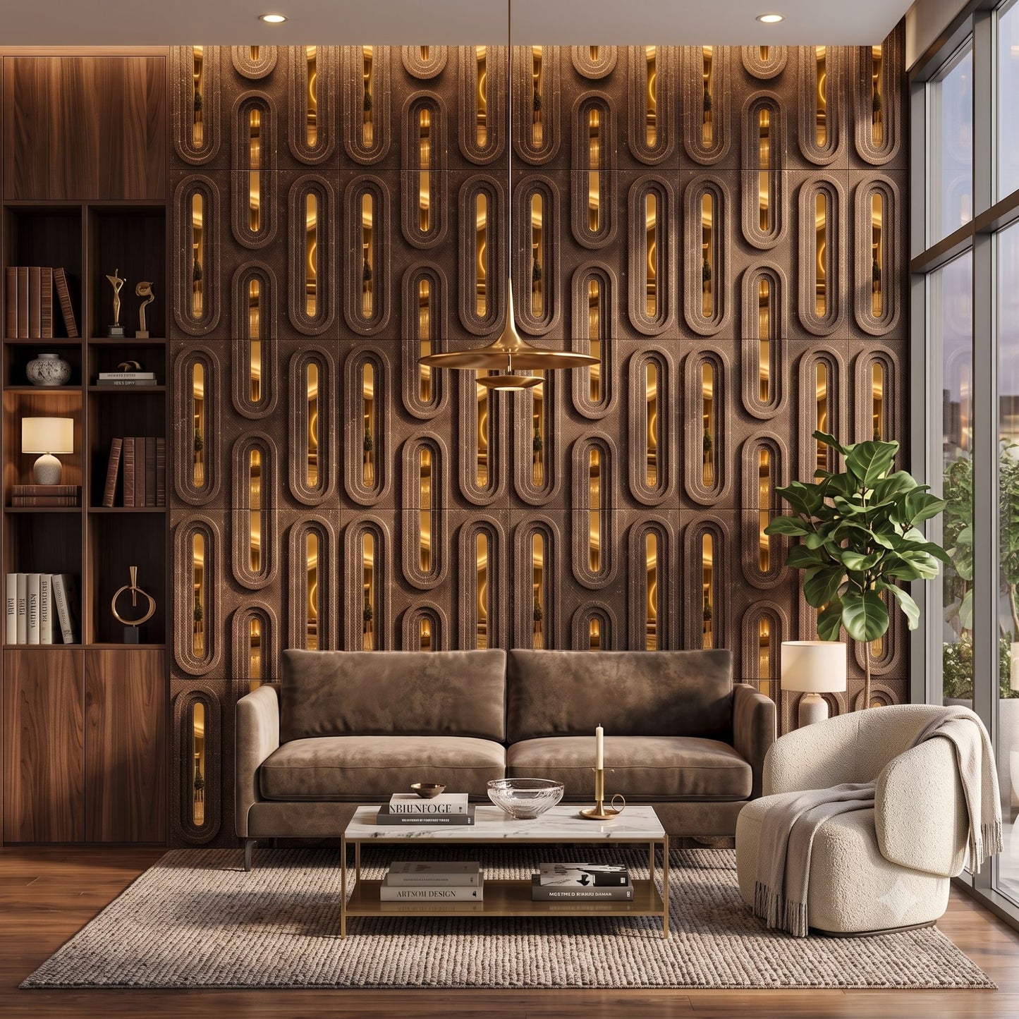 Oak Wood Gold Acrylic Loops Design 3D Wall Panel-2