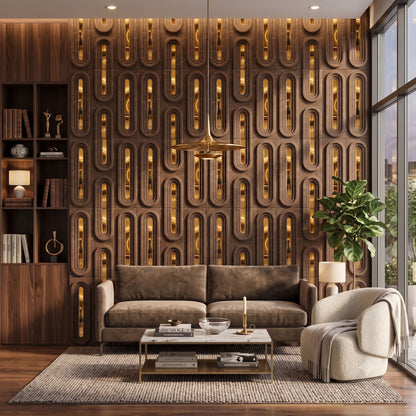 Oak Wood Gold Acrylic Loops Design 3D Wall Panel-2