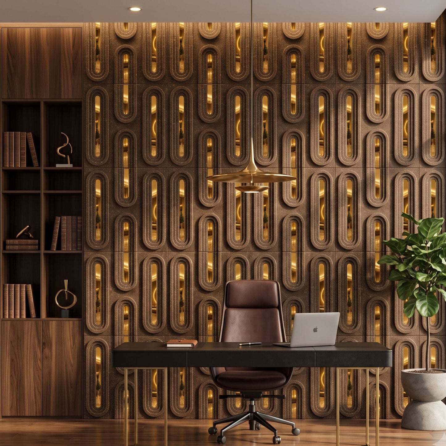 Oak Wood Gold Acrylic Loops Design 3D Wall Panel-3