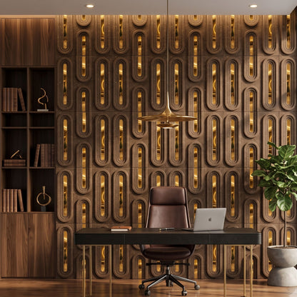 Oak Wood Gold Acrylic Loops Design 3D Wall Panel-3